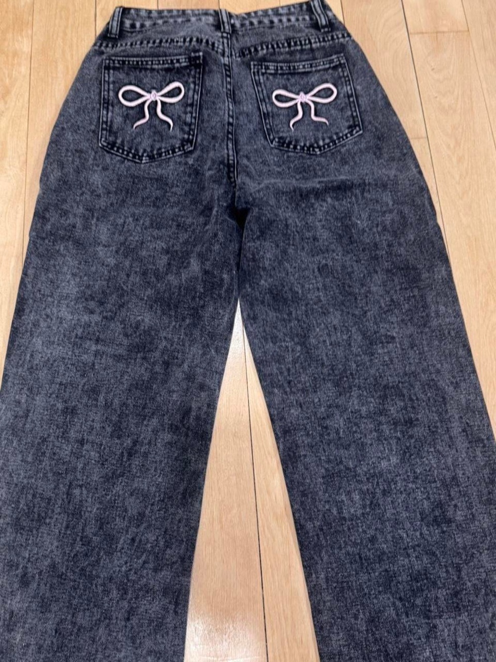 Black Acid Wash Wide Leg Jeans with Pink Bow Back Pockets